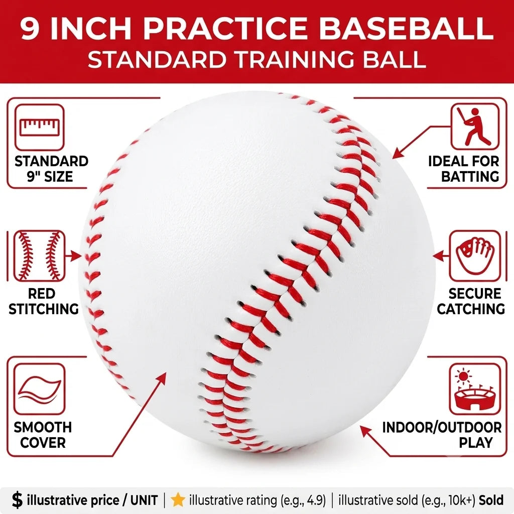 9 Inch Practice Baseball Standard Size Training Ball With Red Stitching Smooth Cover For Batting Catching Indoor Outdoor Play